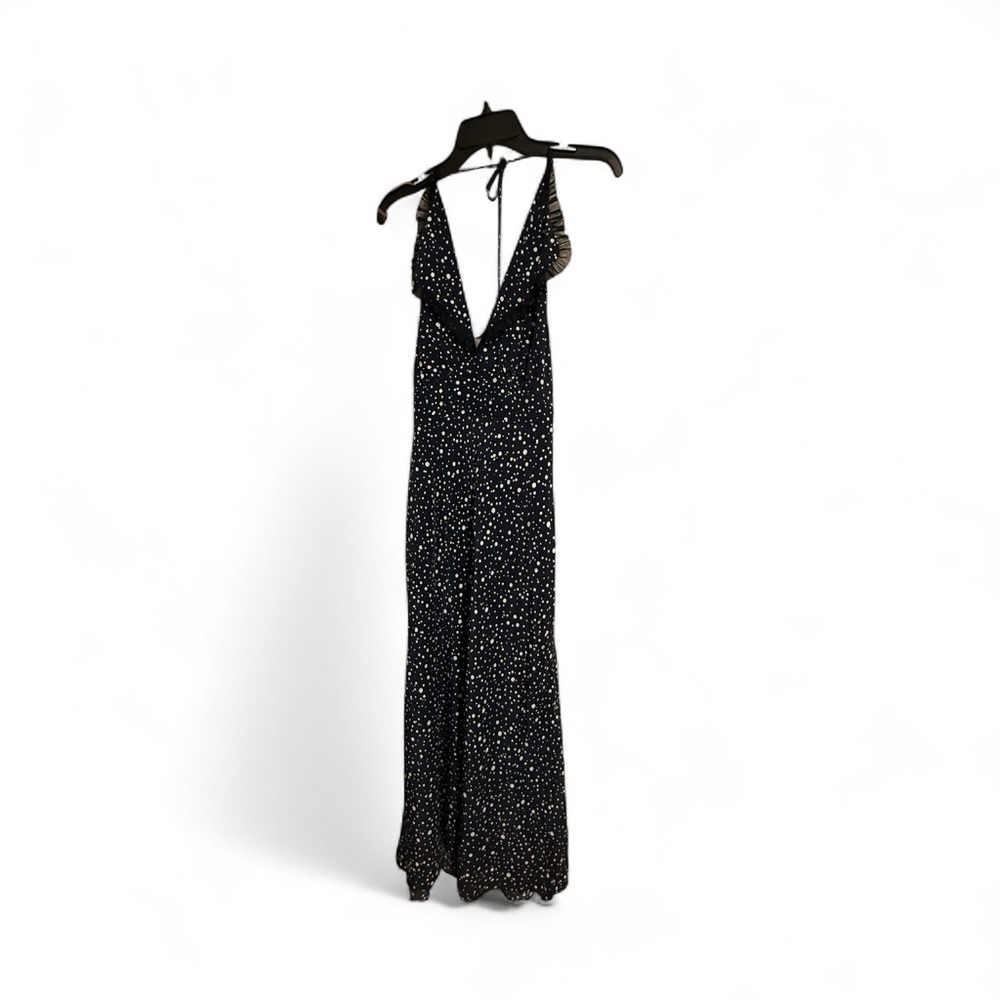 RIXO Midnight Blue and Cream Polka Dot Dress